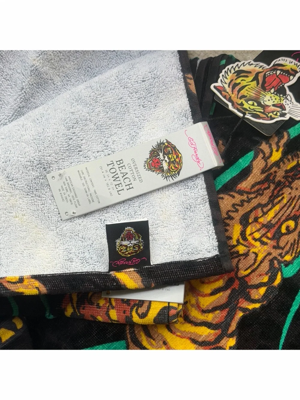 Ed Hardy Tiger Beach Towels 2pc Set Black Leopard Print Palm Oversized 36x72 NWT